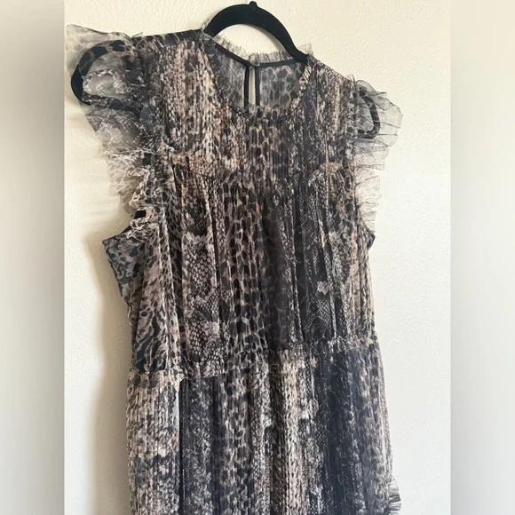 All Saints Perri Noche Animal Print Cap Sleeve Ruffle Mesh Minidress XL *flawed* - Picture 3 of 11